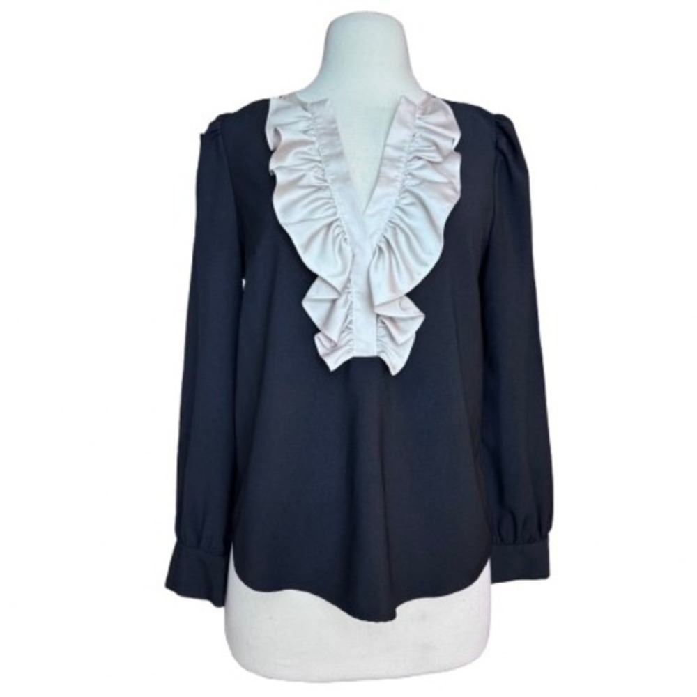 JCrew XS Corporate Goth Ruffle Front Long Sleeve Blouse Office Career Coquette